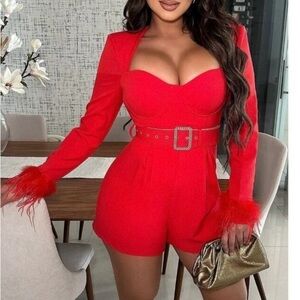Chic Red Long Sleeve Romper with feathers